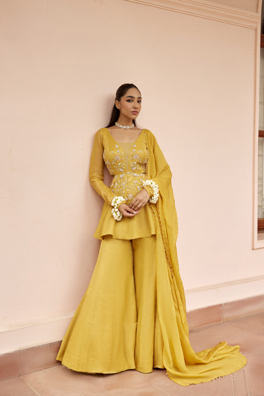 Mustard Yellow Sharara Set With Peplum Top